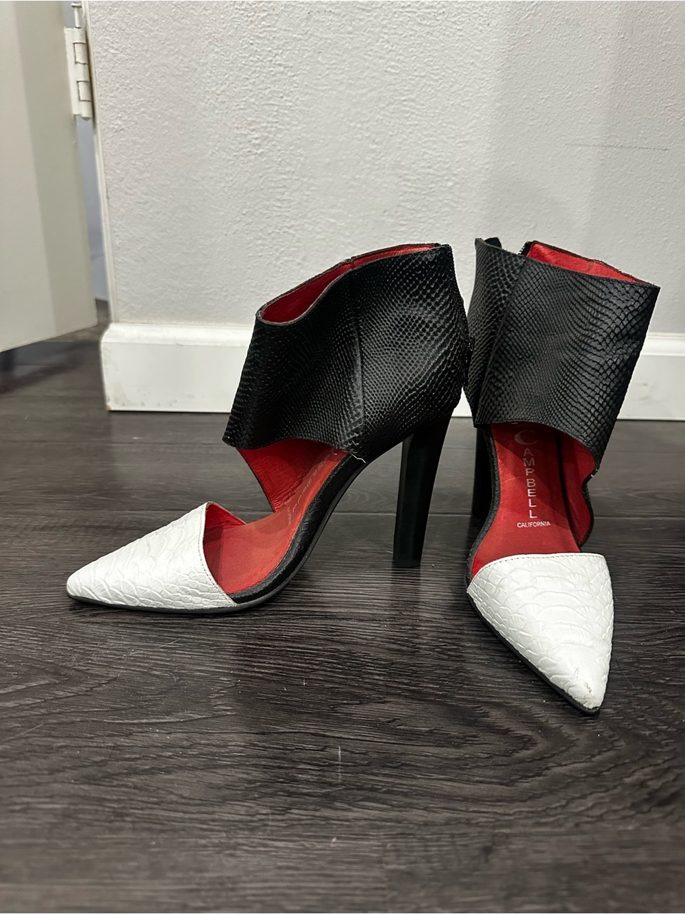 Jeffrey Campbell Black & White Pointed D'Orsay Stilettos with Red Insole
